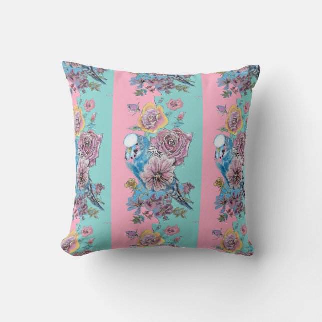 Cojín Decorativo Rosa Rosas florales Budgie Bird Womans Pink Aqua (Anverso)