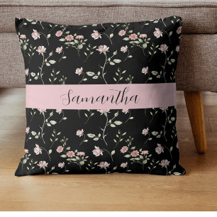 Cojín Decorativo Rosa Rubor Aquarela Floral Nombre Negro 