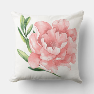 Cojín Decorativo Rosa Rubor en Rosa Acuarela y Hojas de Rama Verde