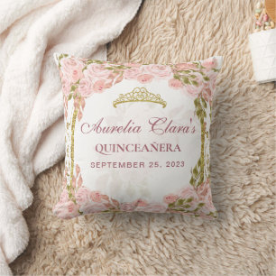 Cojín Decorativo Rosa Rubor Floral Princesa Arco Dorado Quinceañera