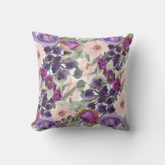 Cojín Decorativo Rosa Rubor Púrpura Aquarela Floral Verde Salvia
