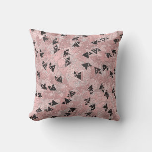 Cojín Decorativo Rosa sonrojado patrón de triángulos dorados y negr