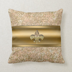 Cojín Decorativo Rosa y Dorado Brillo Brillante Fleur de lis Chic