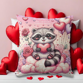 Cojín Decorativo Rosa y Heart Raccoon Valentines