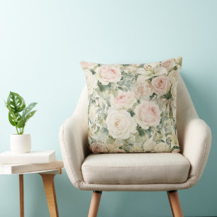 Cojín Decorativo Rosa y Lirio Floral Acuarela Vintage en Rosa Claro