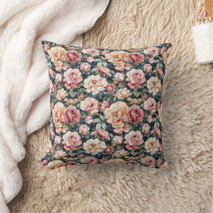 Cojín Decorativo Rosa y Verde Oscuro Floral Shabby Chic Vintage