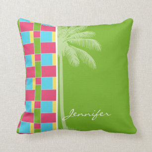 Cojín Decorativo Rosado, azul tropical, verde, y amarillo