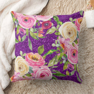 Cojín Decorativo Rosas acuarelas en Purpurina rosa y morado crema