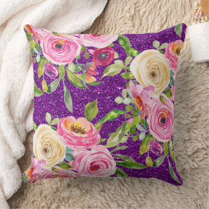 Cojín Decorativo Rosas acuarelas en Purpurina rosa y morado crema