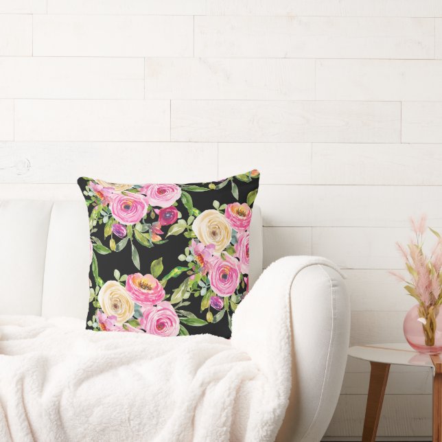 Cojín Decorativo Rosas acuarelas en rosa y crema en negro (Sofá)