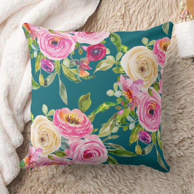 Cojín Decorativo Rosas acuarelas en rosa y crema en Verde azulado (Manta)