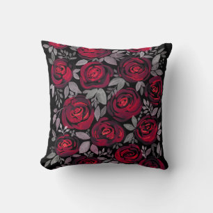 Cojín Decorativo Rosas acuarelas, rosas rojas sobre negro