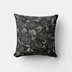 Cojín Decorativo Rosas acuarelas, rosas rojas sobre negro