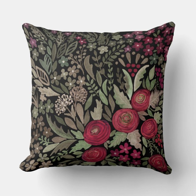 Cojín Decorativo Rosas acuarelas sobre fondo negro, acuarela (Anverso)