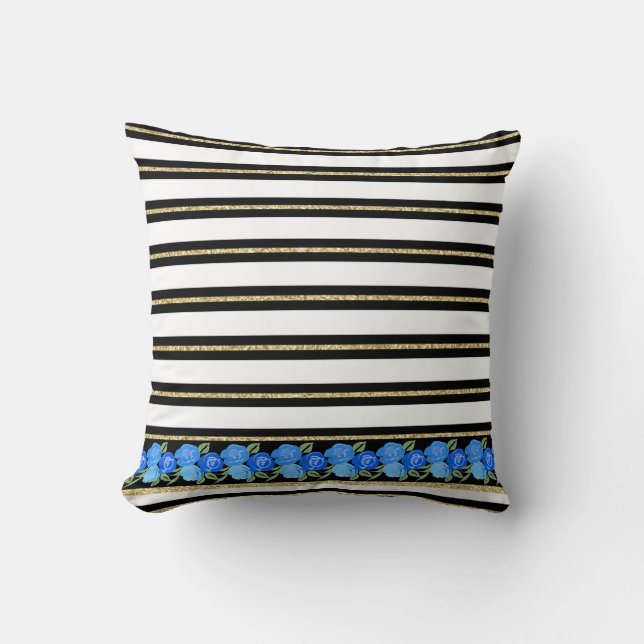 Cojín Decorativo Rosas azules en negro, blanco, banda de oro (Anverso)