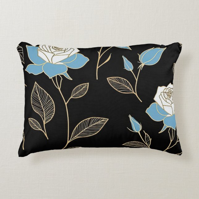 Cojín Decorativo Rosas azules y blancas con guarnecido dorado (Anverso)