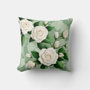 Cojín Decorativo Rosas Blancas Elegantes En Verde