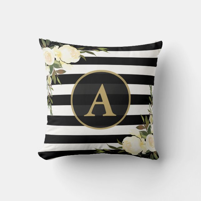 Cojín Decorativo ROSAS BLANCAS Monograma dorado Banda blanca Negra (Anverso)