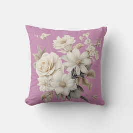 Cojín Decorativo Rosas blancas vintage y fondo rosa