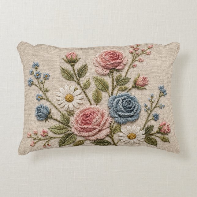 Cojín Decorativo Rosas bordadas Blush & Blue (Anverso)