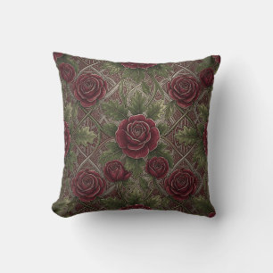 Cojín Decorativo Rosas Borgoña Rojas Profundas Celosía Ornata Verde