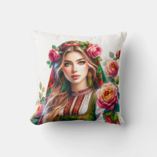 Cojín Decorativo Rosas búlgaros de color acuático y etnia folclóric