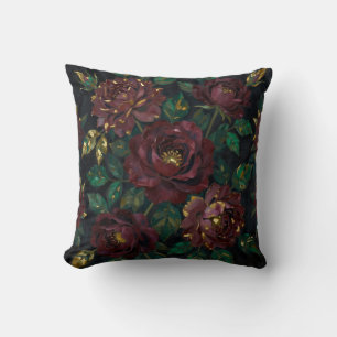 Cojín Decorativo Rosas Burgundy de Lujo con Floral de Hoja de Oro