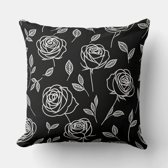 Cojín Decorativo Rosas con estilo blanco sobre negro (Anverso)