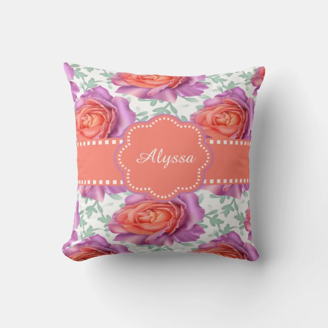 Cojín Decorativo Rosas coralinos púrpuras personalizados (Anverso)
