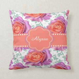Cojín Decorativo Rosas coralinos púrpuras personalizados