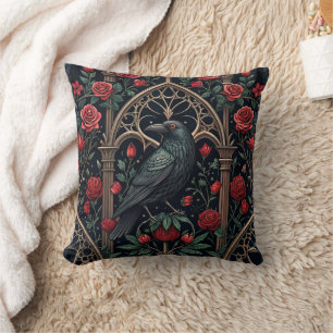 Cojín Decorativo Rosas Cuervo Góticas Patrón Ornamentado