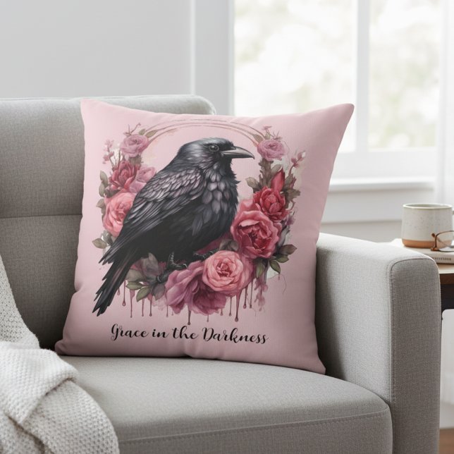 Cojín Decorativo Rosas Cuervo Rosa (Pink Raven with roses pillow)