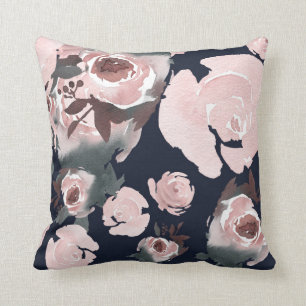 Cojín Decorativo Rosas de Acuarela Rosadas Floral Azul Marino Oscur