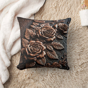 Cojín Decorativo Rosas de Bronce Elegantes sobre Cuero Intrincado