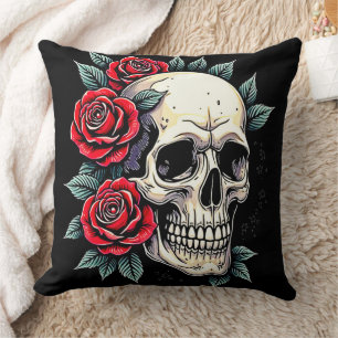 Cojín Decorativo Rosas de cráneo Tattoo Art