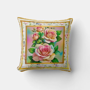 Cojín Decorativo Rosas de Elegancia Rosa y Amarillo Acuarela Pastel