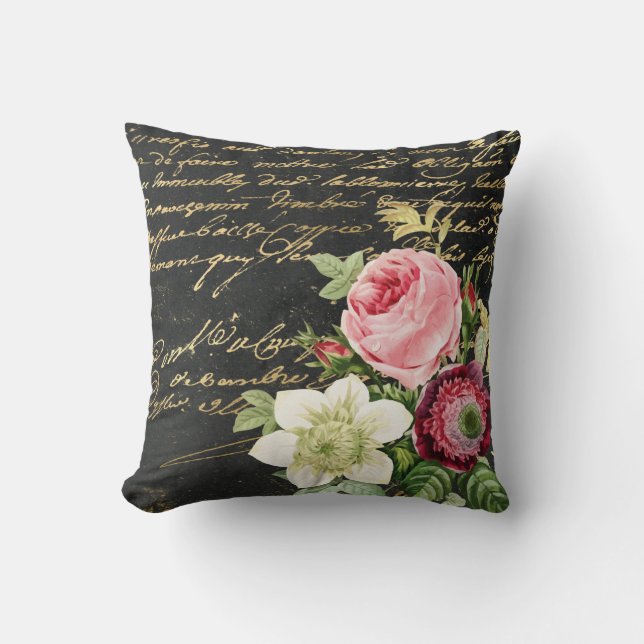 Cojín Decorativo Rosas de época Shabby Chic con guión dorado  (Anverso)