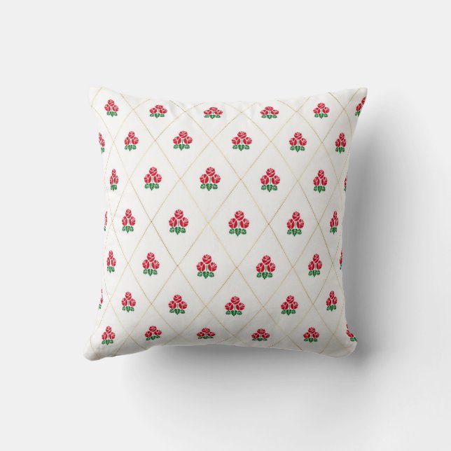 Cojín Decorativo Rosas de época y diamantes patrón rojo blanco (Reverso)