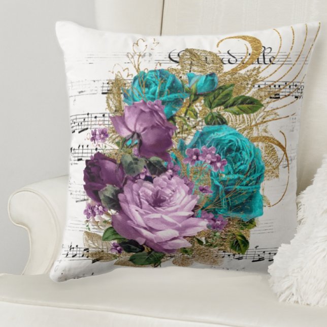 Cojín Decorativo Rosas de Jewel Tone (Purple and teal floral throw pillow)