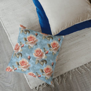 Cojín Decorativo Rosas de melocotón elegantes sobre fondo azul