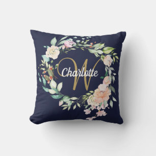 Cojín Decorativo Rosas de monograma con guión dorado azul de la mar