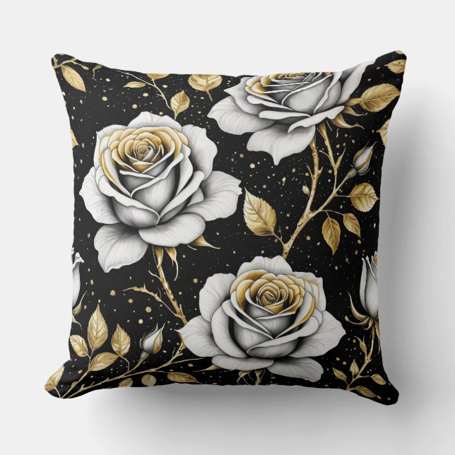 Cojín Decorativo Rosas de oro negro con mancha (Anverso)