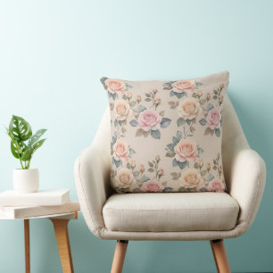 Cojín Decorativo Rosas delicadas acuarela en colores pastel suaves