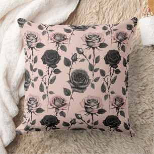 Cojín Decorativo Rosas Dibujadas a Mano en Negro Sobre un Fondo Ros