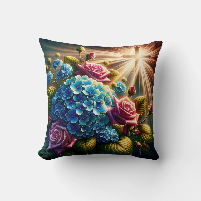 Cojín Decorativo "Rosas e hidráneas con cruz - Arte espiritual" (Anverso)