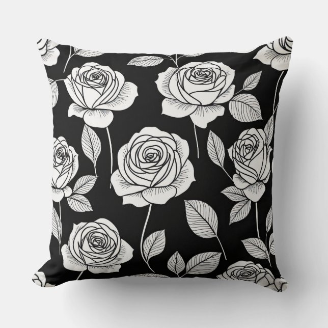 Cojín Decorativo Rosas estilizados en blanco y negro (Anverso)