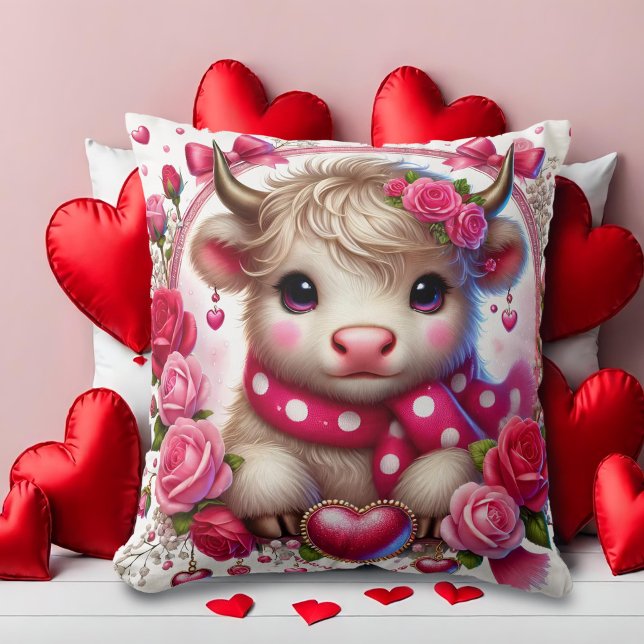 Cojín Decorativo Rosas exuberantes Highland Cow Valentines (Subido por el creador)