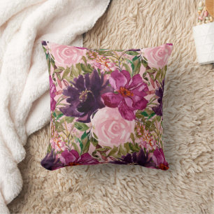 Cojín Decorativo Rosas Florales Acuarela Rosa Púrpura Botánico