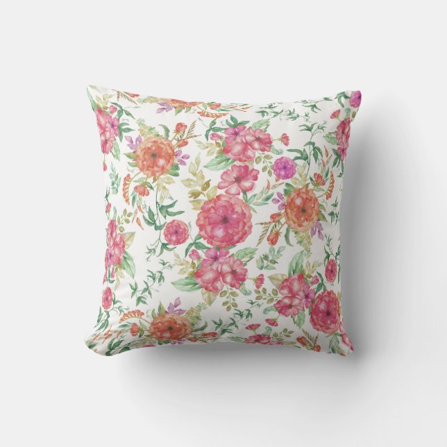 Cojín Decorativo Rosas florales de la acuarela verde coralina (Anverso)