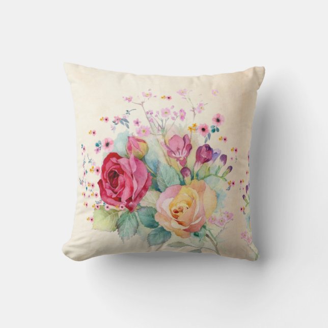 Cojín Decorativo Rosas flores sobre Ecru (Anverso)